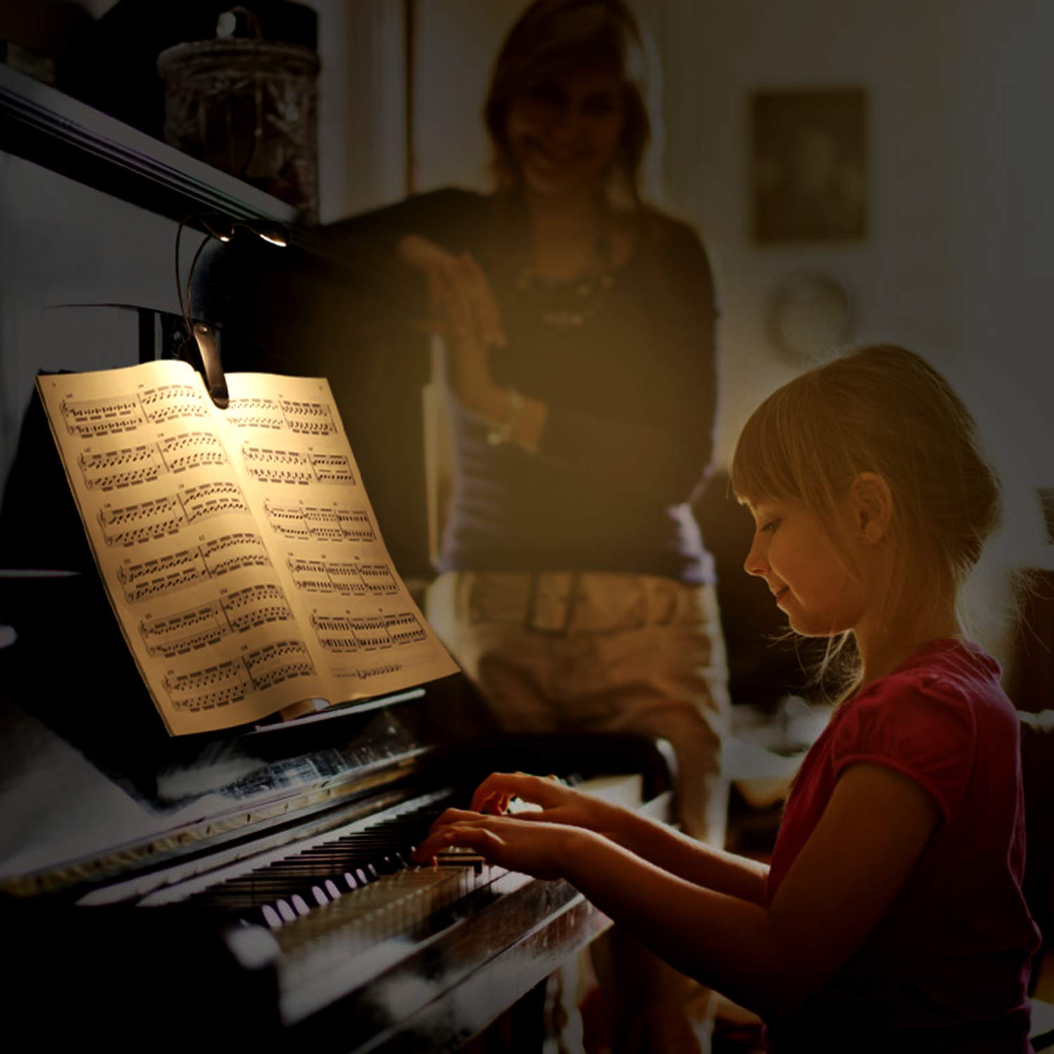 Wiederaufladbares Notenständer-Licht, iGoober Leselicht, 8 LEDs, 3 Helligkeitsstufen für Augenschutz, perfekt für Klavier/Orchester, Bücherwürmer, Handwerk (weiß & warm, doppelter Arm)