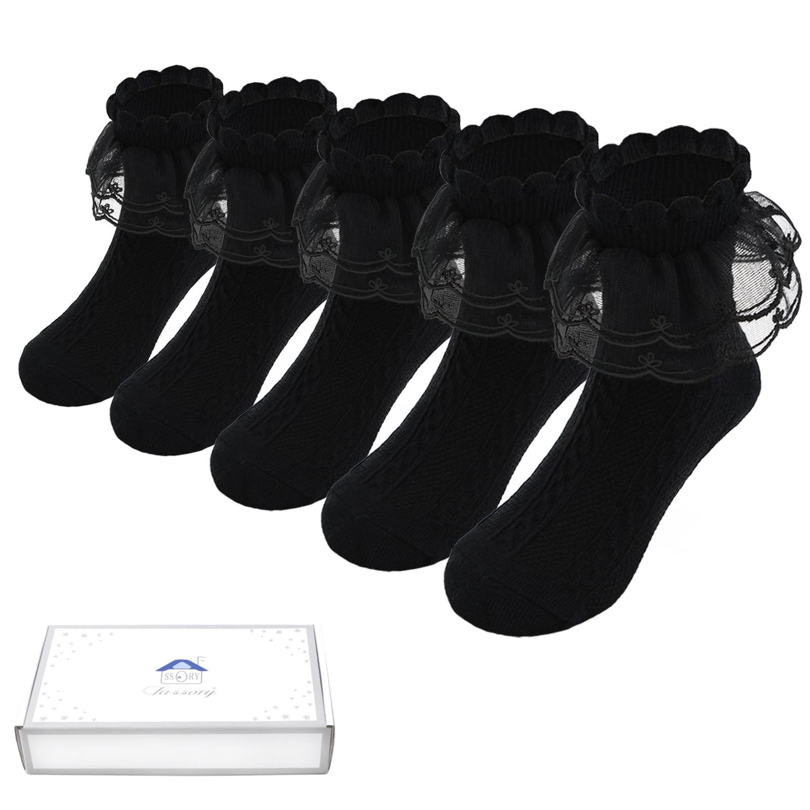 Fassory 5 Pairs Girls Black Frilly School Socks, Princess Lace Top Cotton (UK, Age 4-6 Years, Regular)