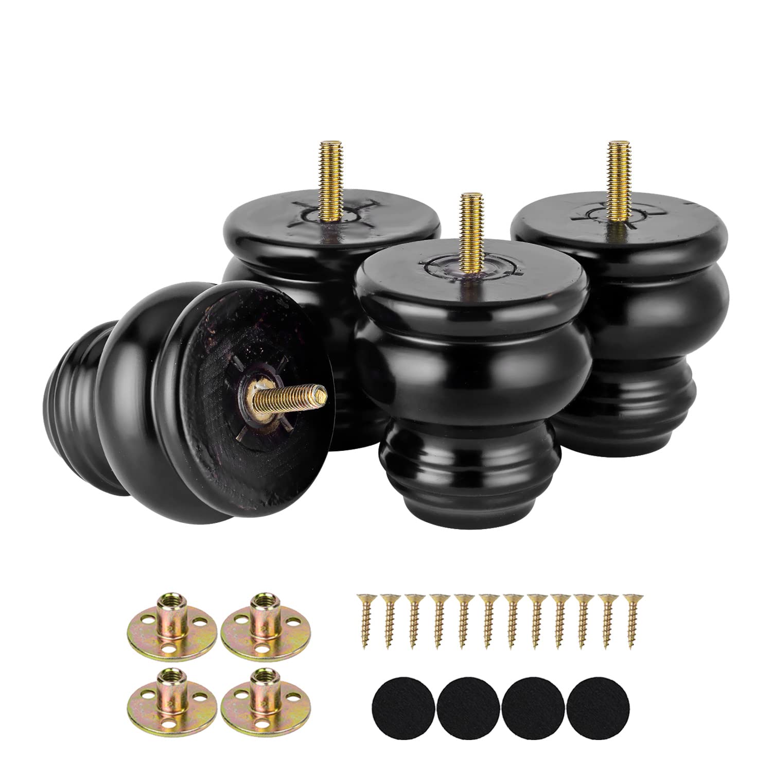 3 Inch Black Wood Furniture Legs High Polished Bun Feet for Ottoman Dresser Chair Set of 4 Solid Round