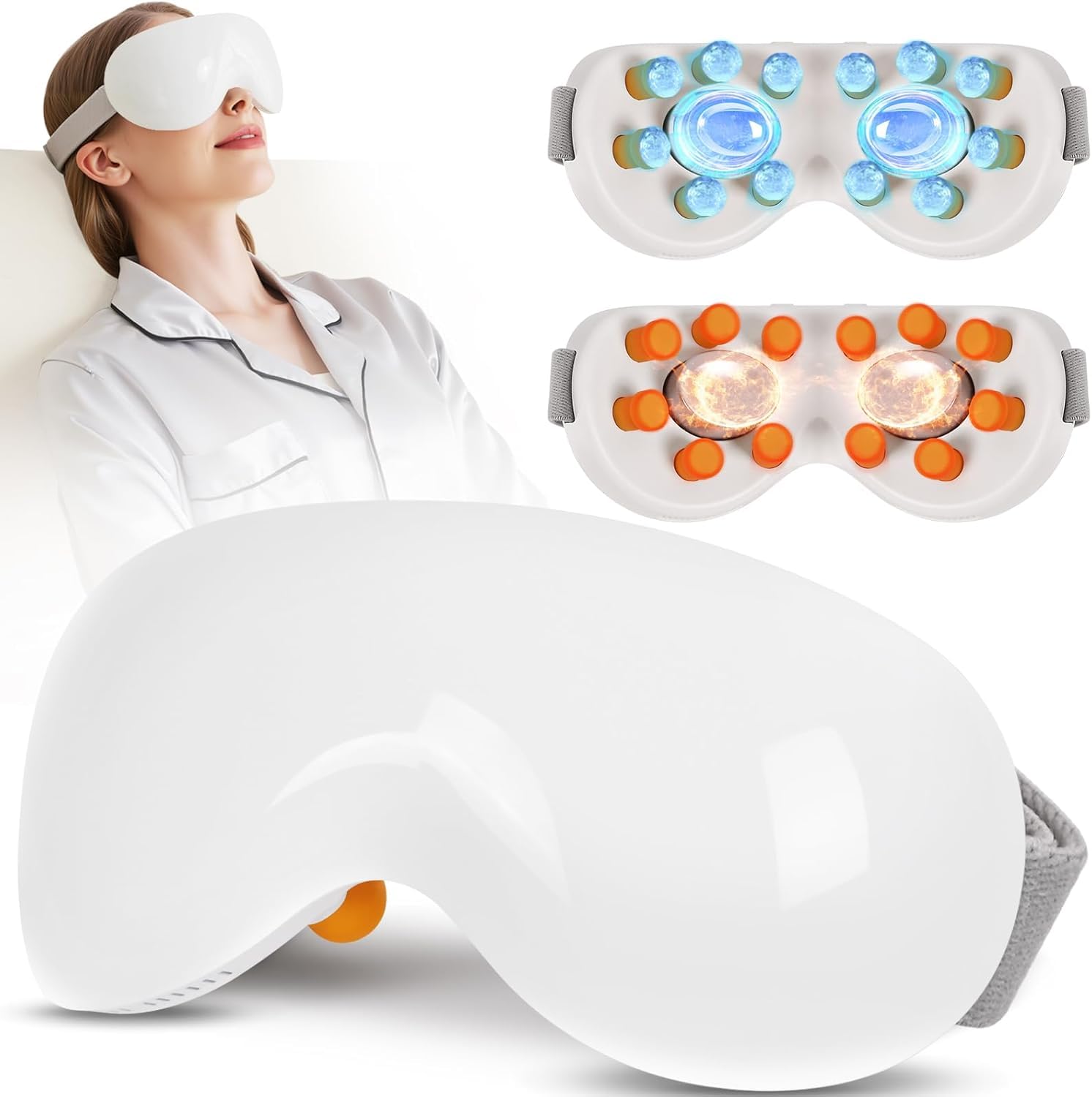 Masajeador de ojos con calor y refrigeración para migrañas, 15 nodos de masaje para aliviar la tensión ocular, música Bluetooth recargable, mejorar el sueño, regalos de cumpleaños y vacaciones para