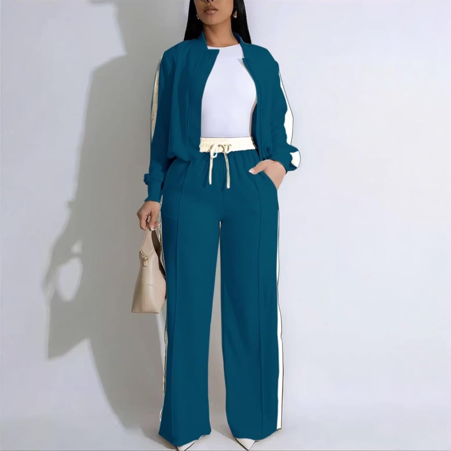 Women's Winter Color Block Long Hem Two Piece Lounge Set