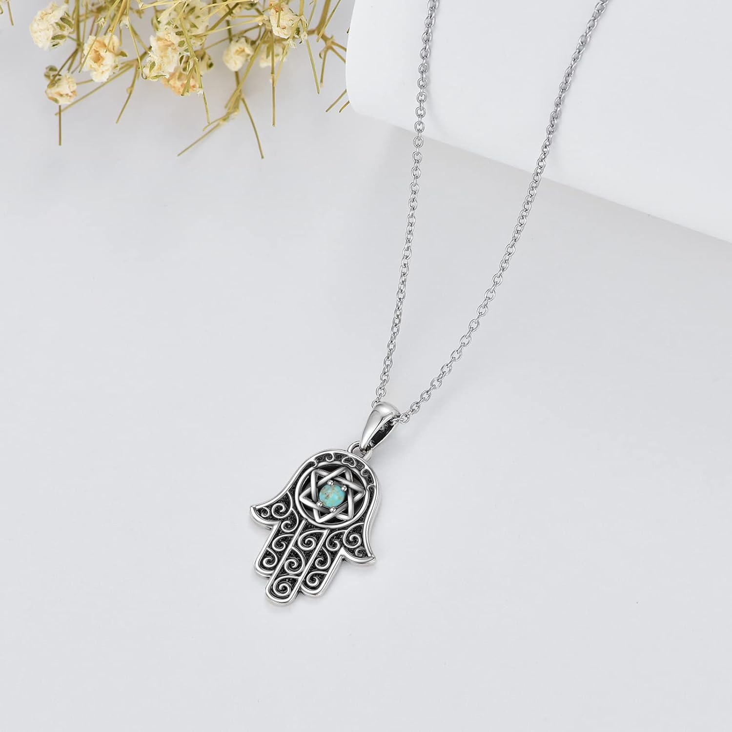 Hamsa Hand Necklace, 925 Sterling Silver Genuine Turquoise Hand of Fatima Pendant Necklace Good Luck Jewelry Gifts for Women wife Girlfriend - Image 2