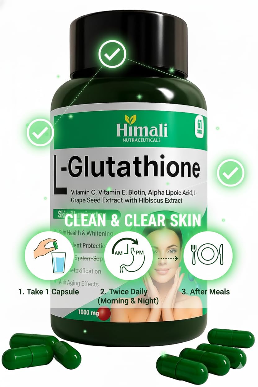 Himali L-Glutathione Supplement, 500mg, with Vitamins C & E, 60 Capsules for Skin Brightening and Antioxidant Support Health & Personal Care