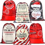 Macarrie 6 Pcs Christmas Santa Sack Large Polyester Gift Bag with Drawstring and Adjustable Buckle Large Santa Gift Wrap Bags for Xmas Presents Christmas Package Party Supplies