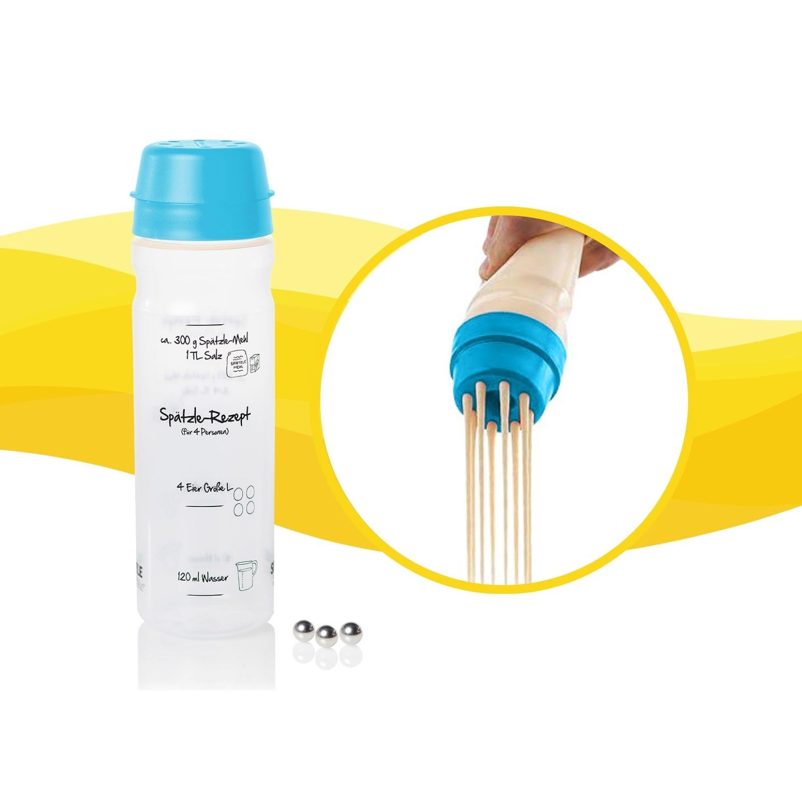 FOOD-SHAKER-SET mit 875ml-Pfannkuchen-Shaker + 4-Portionen-Spätzle-Shaker Teigmixer mit Spätzlepresse und Portionierer Patentiert Made in Germany in der Farbe BLAU