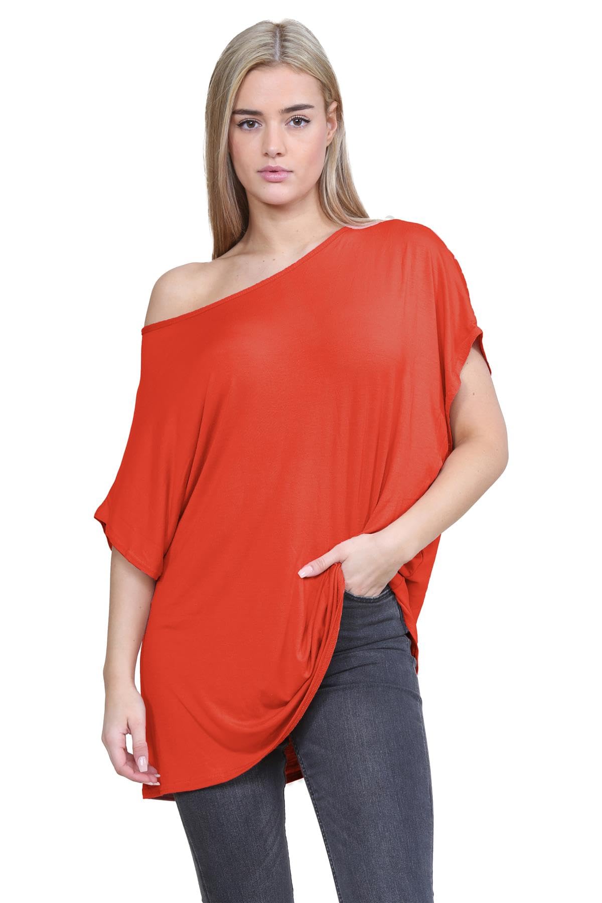 Hamishkane Women's Rust Hamishkane® Bardot Baggy Style Oversized T Shirt For - New Plain Off The Shoulder Batwing Top, Fashionable Tops For Casual Party Wear