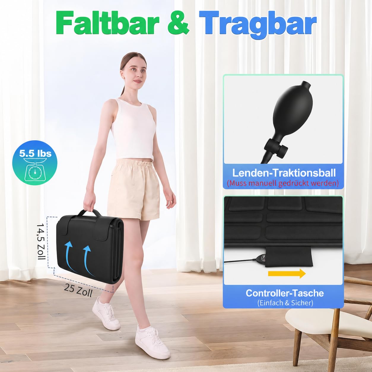 Ganzkörper-Massagematte mit Wärme, Ganzrückenheizung & Lendenwirbelstütze, Rücken-Massageauflage für Senioren & Büroangestellte, 3 Intensitäten & 2 Heizstufen, Entspannung für Zuhause & Büro