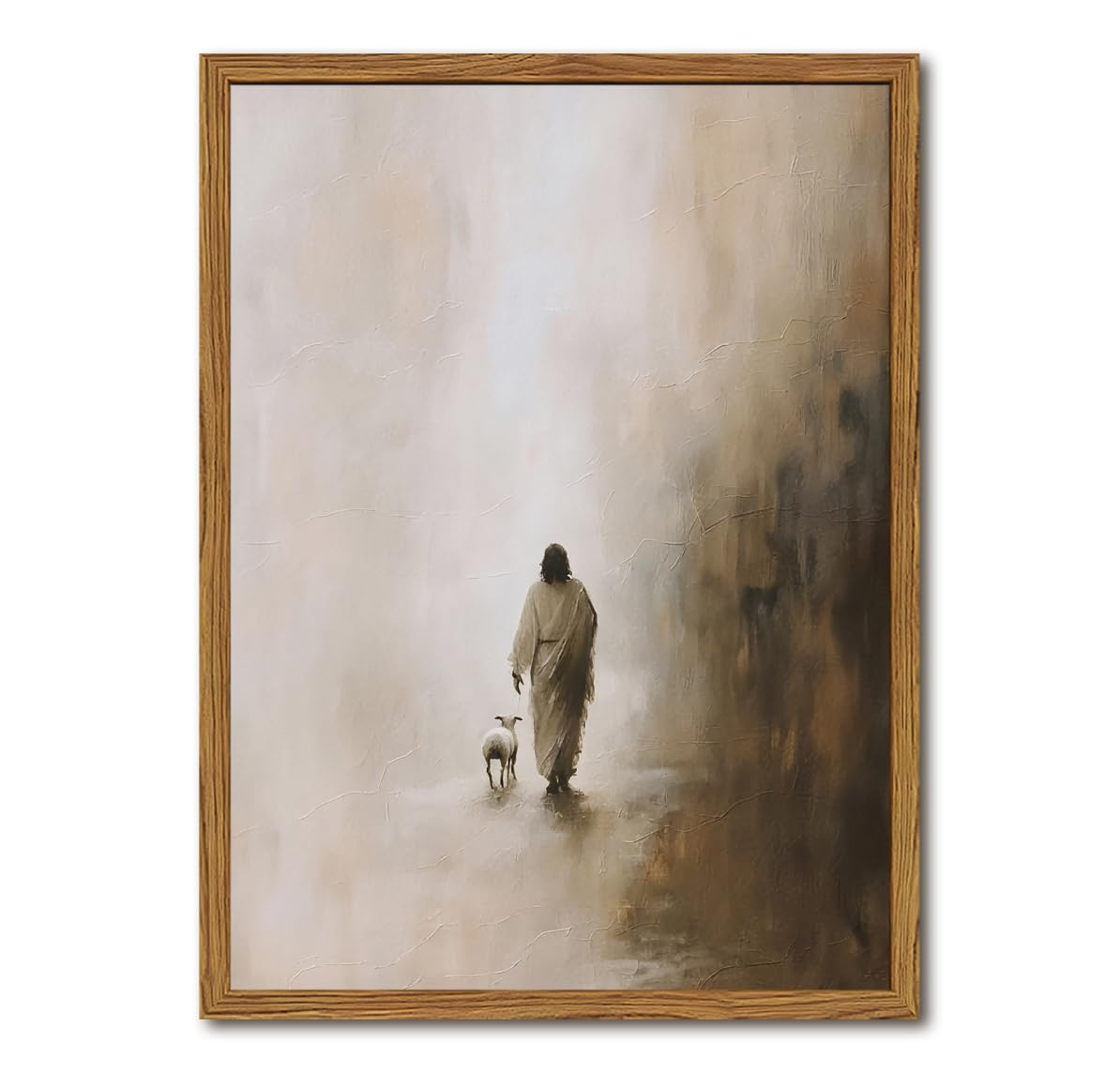 Jesus and Lost Sheep Wall Art, Jesus Leaves the 99 Sheep Wall Decor Christian Shepherd Poster Religion Paintings Canvas Print Picture for Living Room Bedroom Prayer Room 12x16 inch Wood Framed