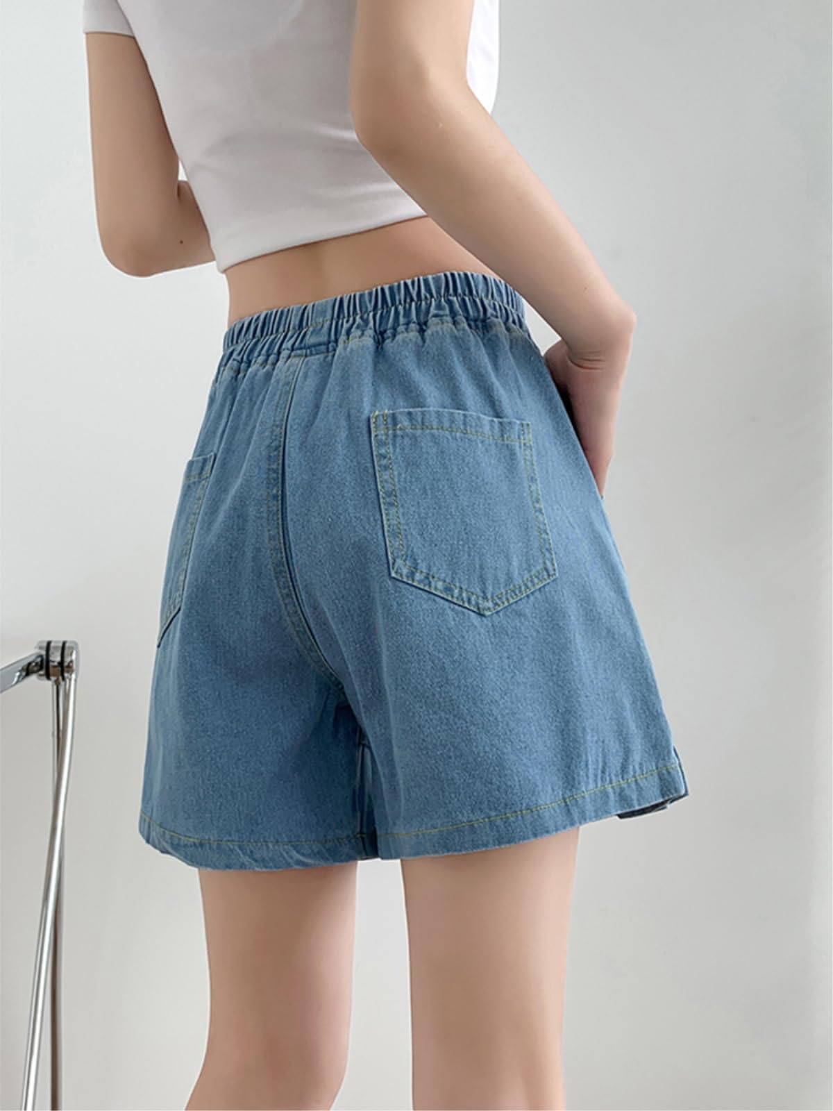 Shorts Jeans Donna Loose Plus Size Women's Denim Gonne Estate Elastic Waist Wide Leg Cotone Piezzato-Deep Blue-2xl