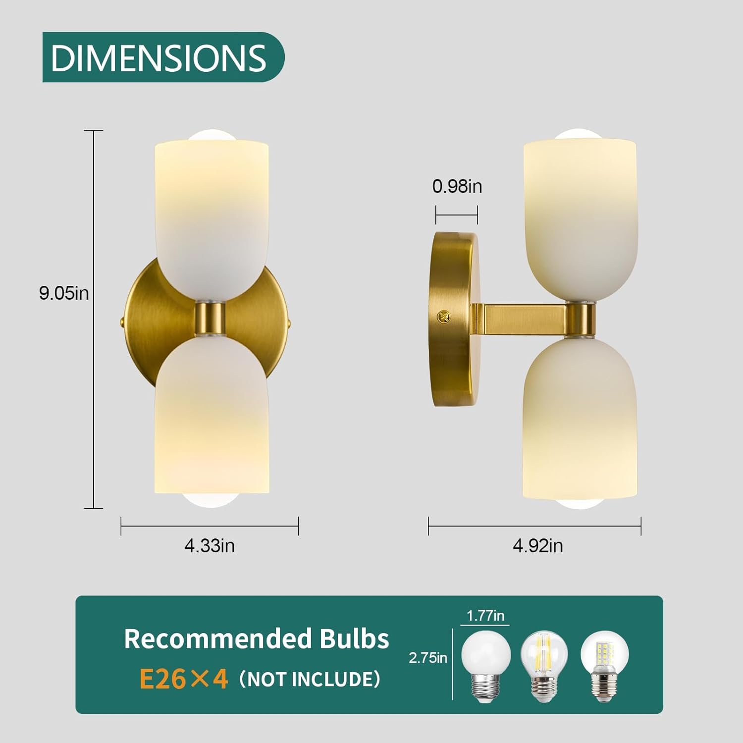Gold Wall Sconces Set of Two Modern LED Bedside Reading Wall Light Fixture with Glass Wall Lamp for Bedroom Living Room Dining Room Reading Room Hallway(2-Light)