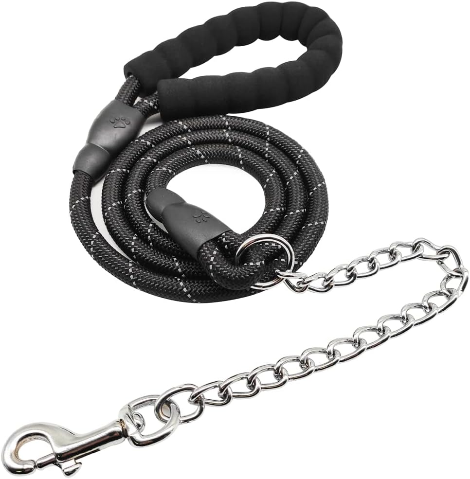 BTINESFUL 6FT Chewproof Dog Leash, Strong Nylon Rope with Anti-Chewing Chain and Padded Handle for Medium Large Dogs Outdoor Training Walking Hiking Black