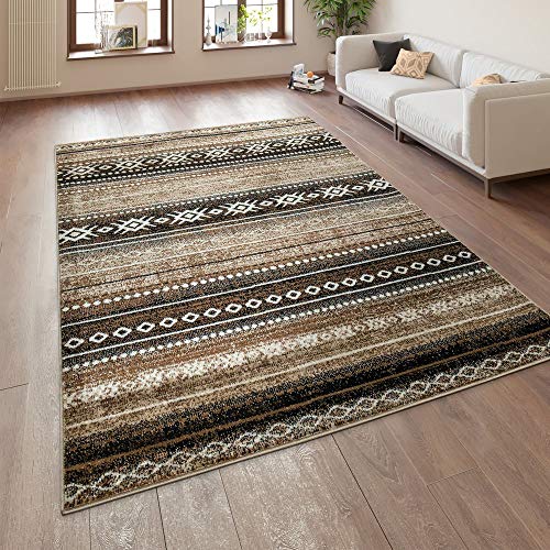 Alfombra Salón Moderna Pelo Corto Diseño Étnico Geométrico Marrón