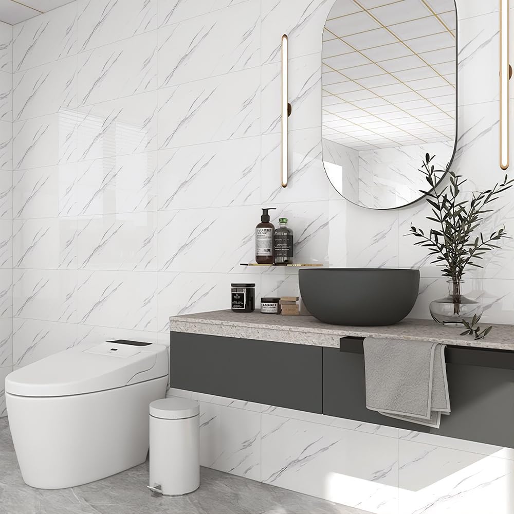 INMOZATA Self Adhesive Marble Wall Tiles 10 Pack 60x30cm Thickened PVC Waterproof Oilproof Fireproof Peel and Stick Wall Panels,White Grey Marble Stick on Tile Stickers for Bathroom Home Decor