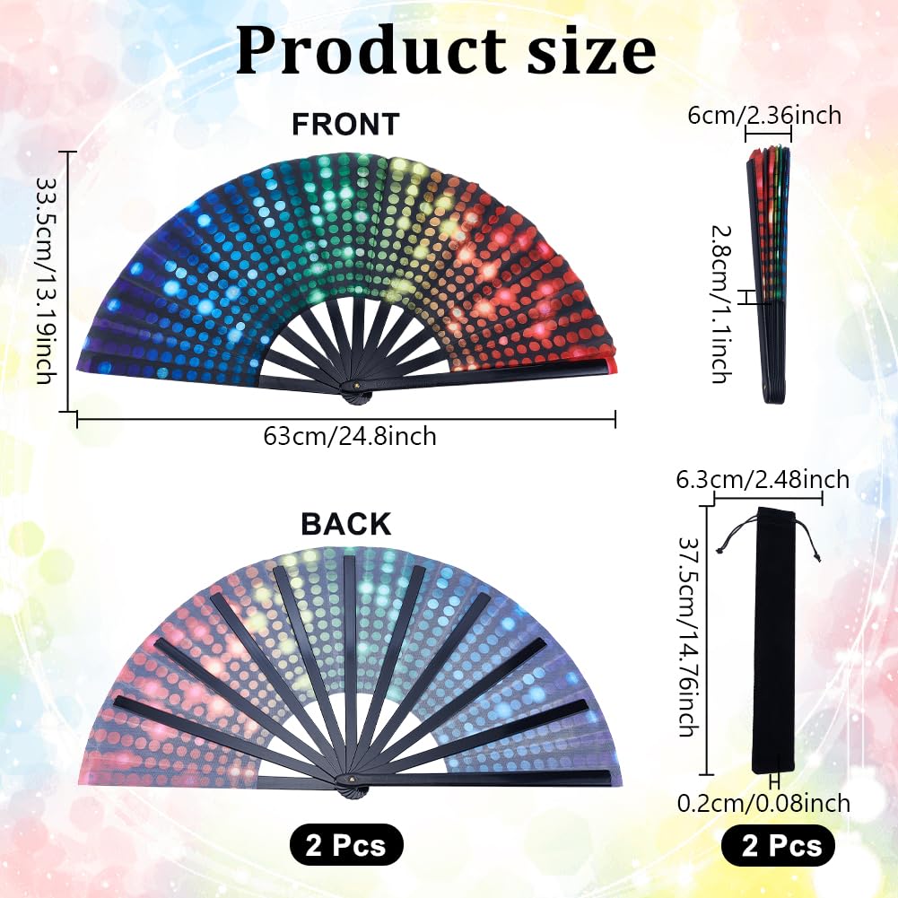 nbeads 2 Set 63cm Faltfächer Klapperfächer, Mit Farbenfrohem Regenbogen Design Und Aufbewahrungstaschen Tragbare Faltbare Deko Ventilatoren Für Rave Fanpartys Auftritte Und Outdoor Veranstaltungen