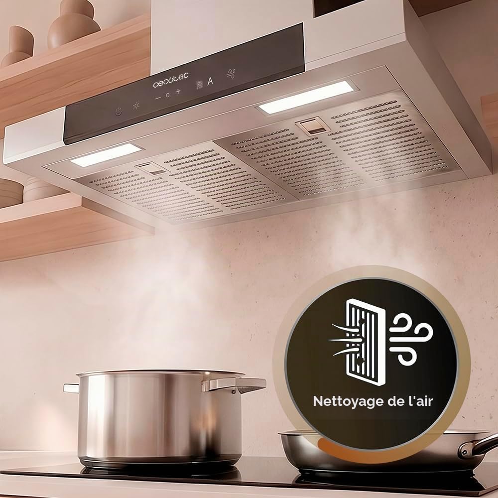 Cecotec Hotte Aspirante en Forme de T 60 cm Bolero Flux TT 609500 Slim Inox A+++. Aspiration 829,5 m³/h, Hand Movement Control et Double Booster, Filtres Lavables, Classe A+++, Heat Sensor