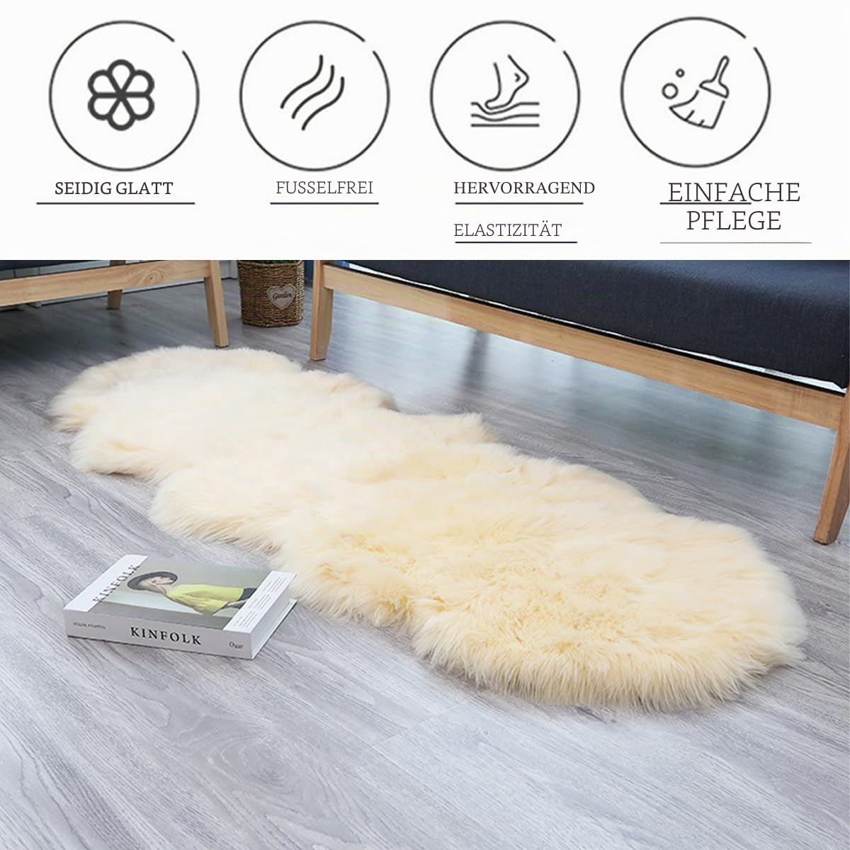 Faux Lammfell Schaffell Teppich 60 * 100cm Lammfellimitat Carpet Longhair Felloptik Flauschige Weicher Fellteppich Stuhlkissen Bodenteppich Sitzfelle Nachahmung Wolle Matte für Sofa Wohnzimmer