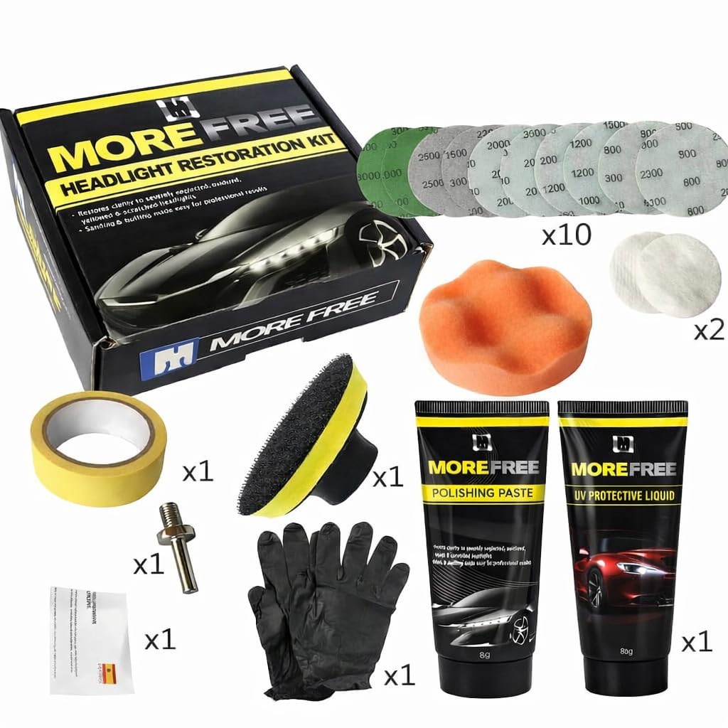MORE FREE-Kit Pulir Faros Coche,Kit de Pulido de Faros de Automóviles,pulir Faros Coche para Restauración Faros Turbios, Restaurador de Faros amarillentos o Desgastados