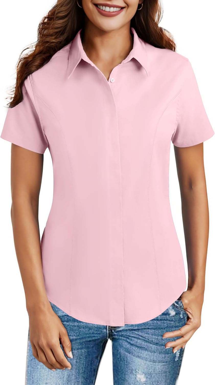 HOTOUCH Women Short Sleeve Button Down Shirts Business Work Fitted Collared Blouse Office Basic Summer Tops S-2XL - Image 6