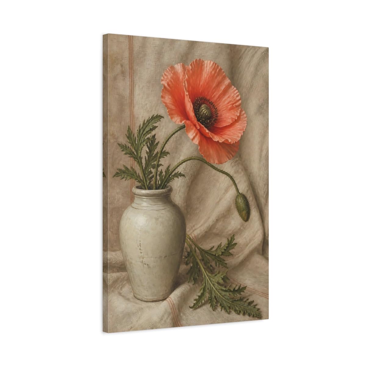 Coral Poppy Floral Study Canvas Print – Living Room, Above Console Table 20×30 inch (50×75 cm) - Vertical / 1.25 inch (3 cm)
