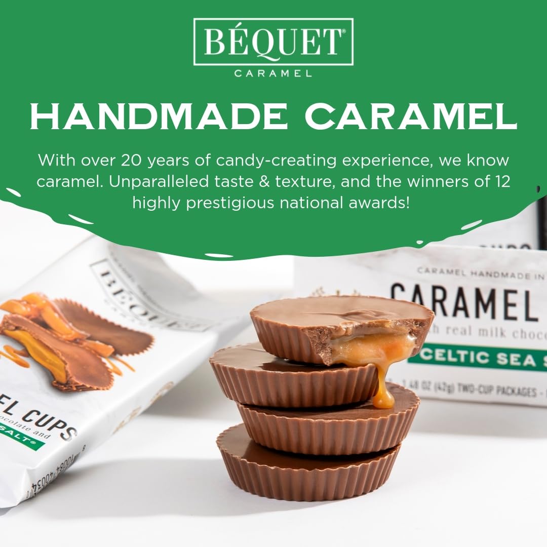 Béquet Milk Chocolate Sea Salt Caramel Cups – Soft, Individually Wrapped Chocolate-Covered Caramels, Gluten‑Free & Gourmet – 12-Pack (2 cups each)