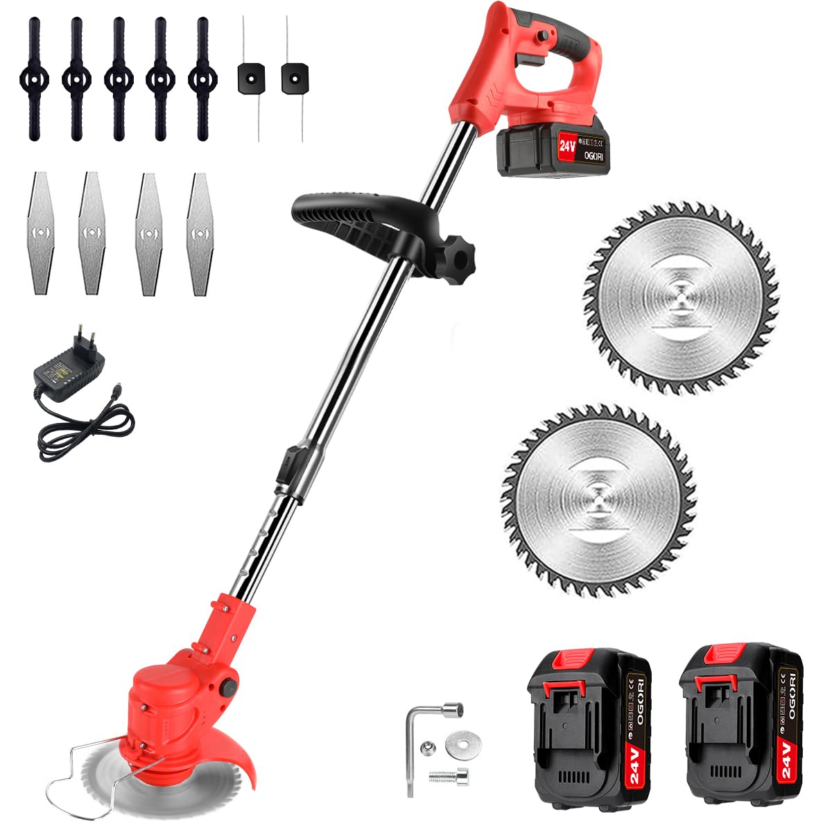 OGORI Battery Trimmer with 2 Batteries 2000 mAh, 21 V 850 W Electric Brushcutter with 4 Types of Blades and Side Wheels for Lawn Mowing in the Garden