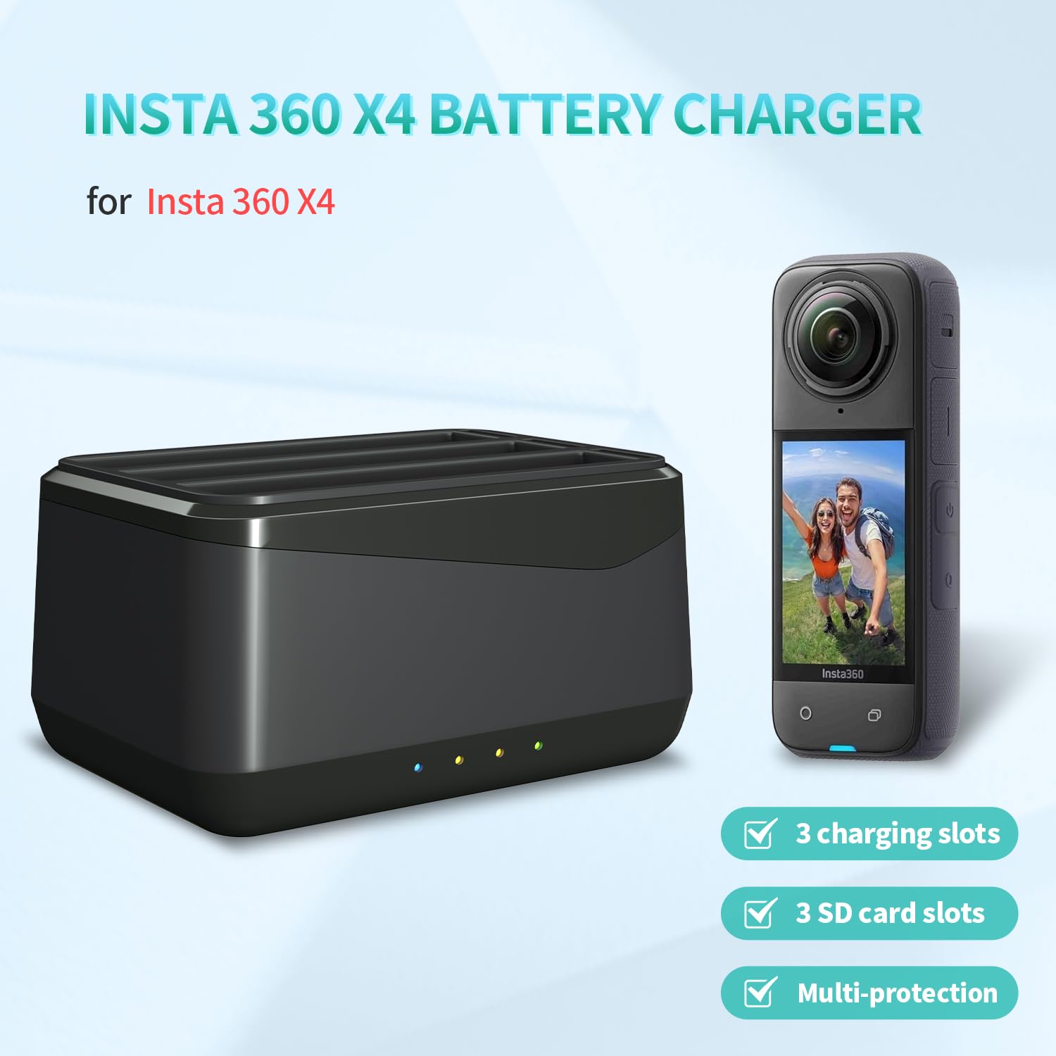 LP Insta 360 X4 Battery Charger Compatible with Insta360 X4 Battery Charger with USB Type-C Cable, 3-Slot Battery Charging Station with SD Card Storage Slot
