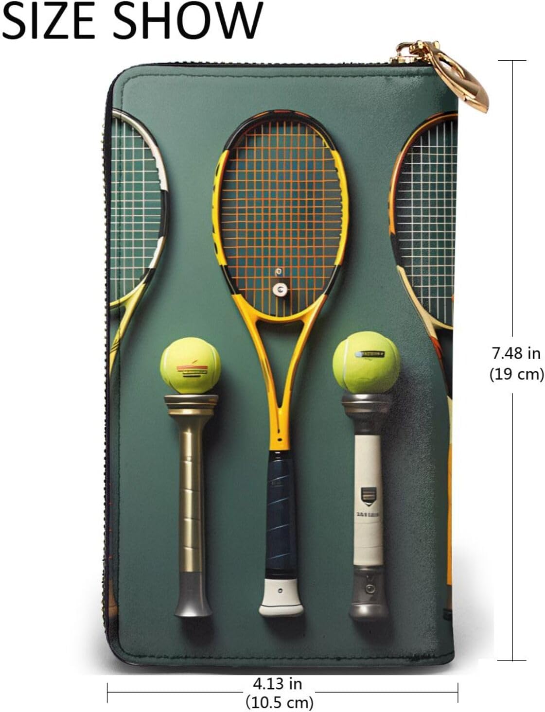 Tennis balls and rackets Women's wallet, clutch wallet, with zipper, large capacity.