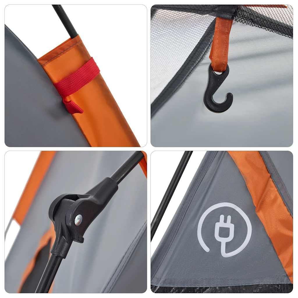 Tenda da campeggio a cupola per persone grigio e arancione con sistema di sgancio rapido, tenda impermeabile per esterni con aste, leggera, antivento, compatta per escursioni, trekking