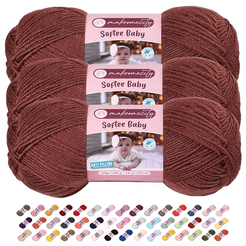 Image of Makromecity Softee Baby Yarn,%100 Premium Anti-Pilling Acrylic, 3.5 Oz, 273 yd (100gr /250 mt), Soft Yarn for Crocheting and Knitting (Bitter Coffee, 3 Skeins)