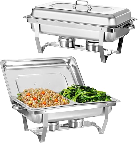 Miniatura 7 de Juego de 4 Platos Calentadores de Acero Inoxidable de Tamaño Completo de 8 Cuartos, Juego de Calentadores Rectangulares Plateados para Buffet con