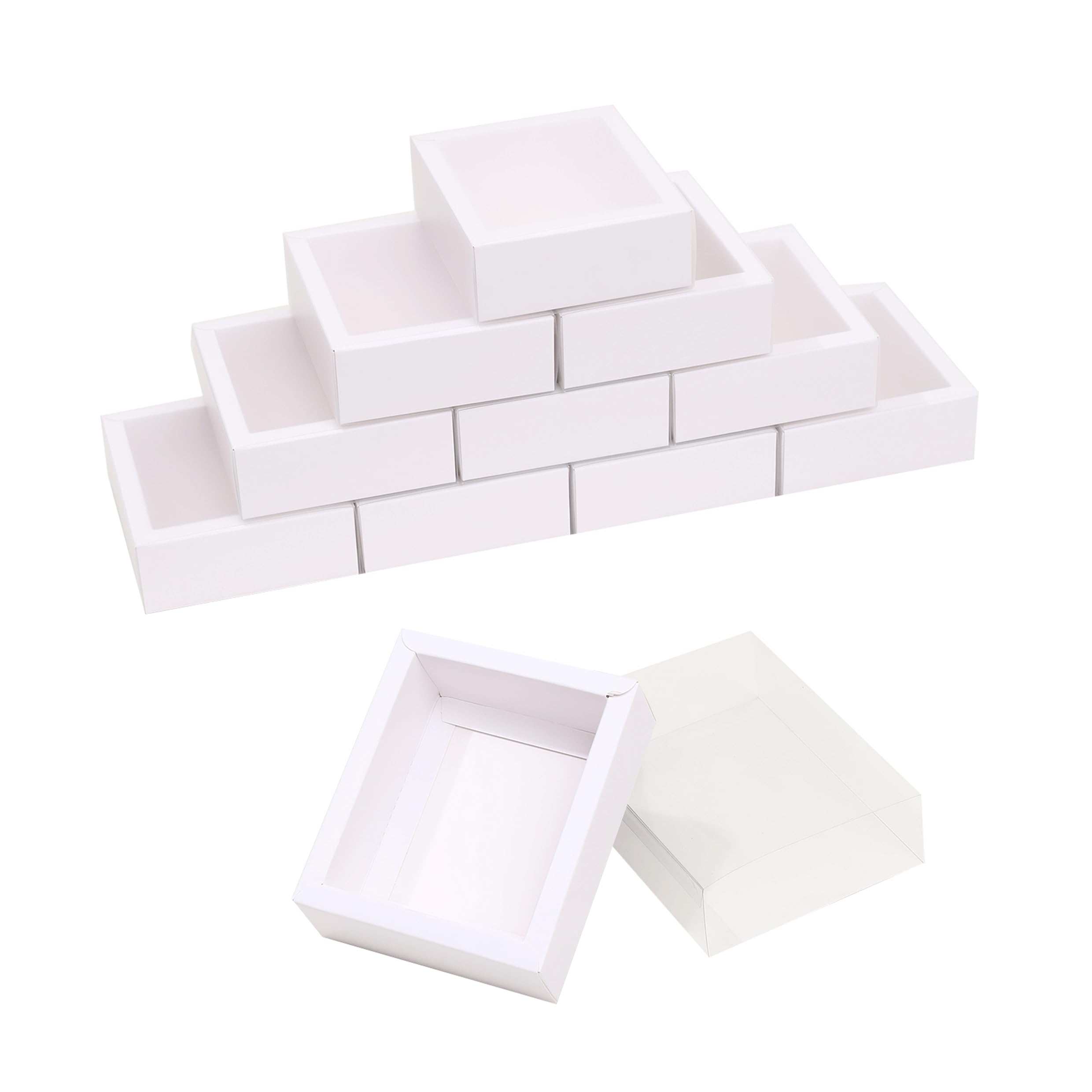 20-pack DIY Rectangle Drawer Kraft Boxes With Clear Lid CT01: 8.3 * 8.3 * 3cm Cardboard Present Packaging Boxes for Party Favor Treats, Candy and Jewelry Crafts.(White)