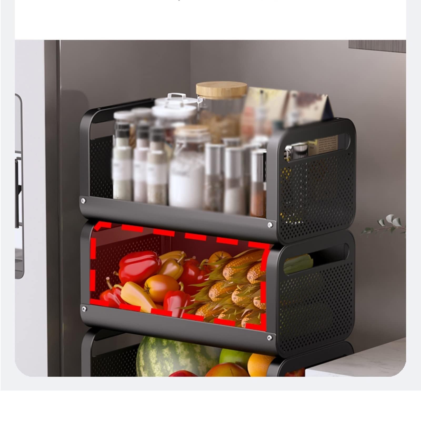 Carrellino Salvaspazio Carrello Portaoggetti da Cucina in Acciaio al Carbonio Impilabile Portafrutta E Verdura con Ruote per La Casa per Organizzare Cucina(3 Tier)