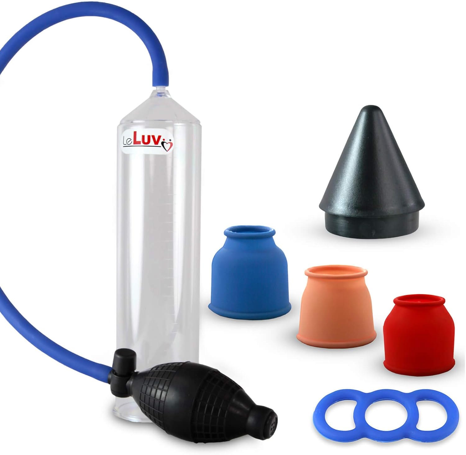 LeLuv Vacuum Pump Easyop Bgrip Ball Handle Bundle with 3 Sizes of Sleeve 1 Inch to 1.5 Inch, Number 8 (.9 Inch) Tension Ring and Easy Loader Cone