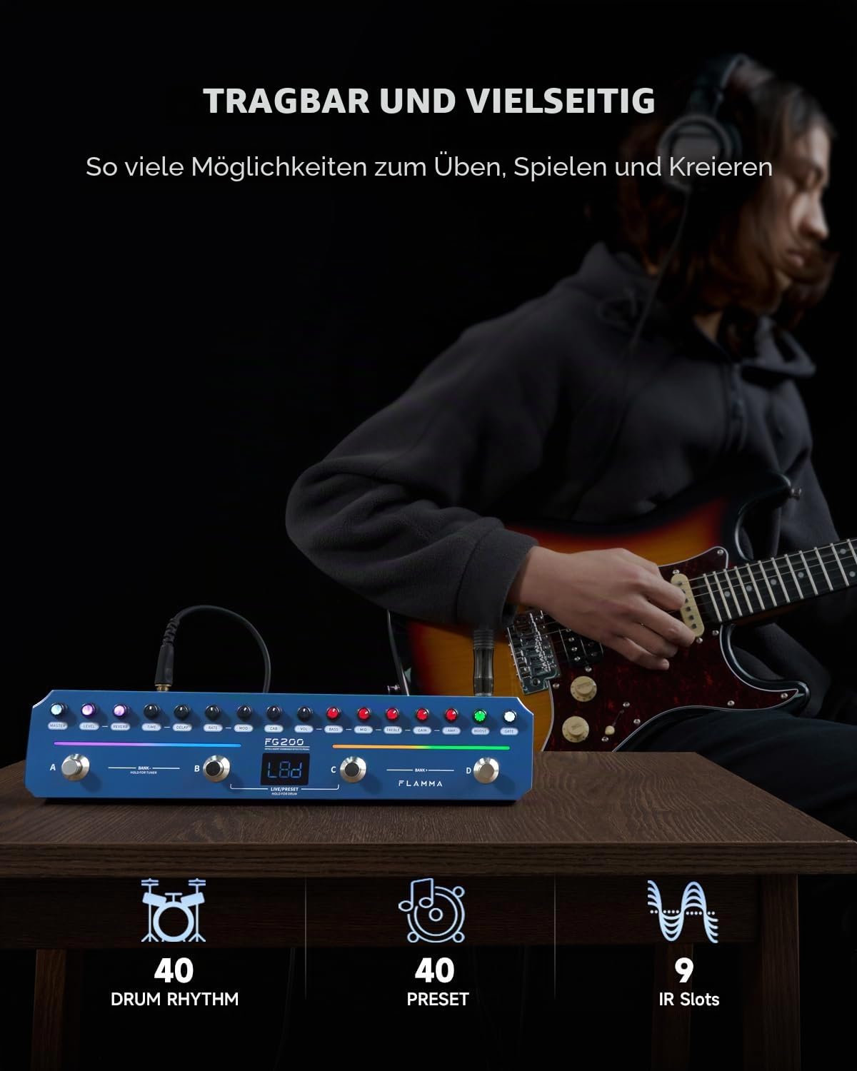 FLAMMA FG200 Intelligentes Gitarrenpedal mit 52 Ampere-Modelle, 5 Boost-Modelle, 16 CAB-Simulationen, 7 Effektmodule, 9 IR-Steckplätze, 40 Voreinstellungen, 40 Rhythmus-Stile