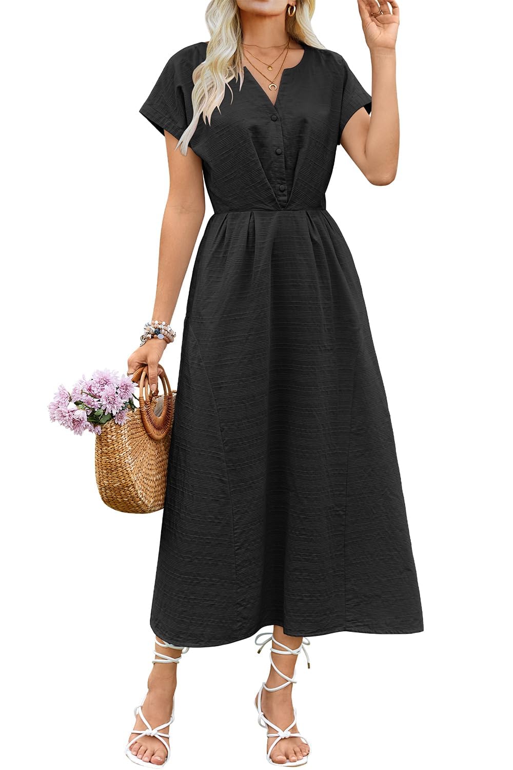 ECOWISH Women Cotton Midi Dress: 2025 Button V Neck Casual Summer Dresses Short Sleeve A-Line Shirt Long Dress with Pockets