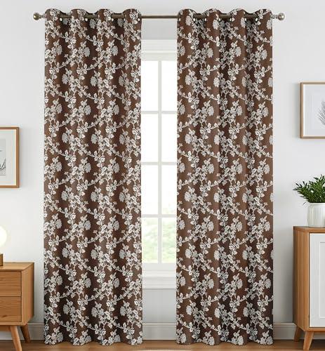 Image of FRESH FROM LOOM Heavy Jari Jacquard Premium Luxury Elegant Room Darkening Curtain 10 Feet Long Door | Floral Design | Light Blocking 80% Block | Eyelet Style Parda (10 ft, Brown, 2pc)