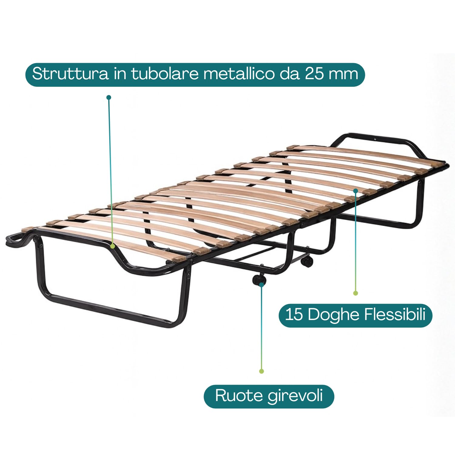 Paluplus Brandina Pieghevole con Materasso Sigolo, Misura 80x200x39 cm, Letto con Struttura Tubolare, Materasso alto 10cm, 4 Ruote Girevoli, 15 Doghe Flessibili, Made in Italy -Inclusa Copertura-C -17
