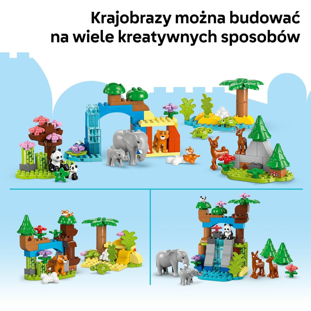 LEGO DUPLO Rodziny dzikich zwierząt 3 w 1 10446 | dzikie zwierzęta 3 w 1, klocki dla 2-latka, prezent dla dziewczynki i chłopca 2+, 92 elementy