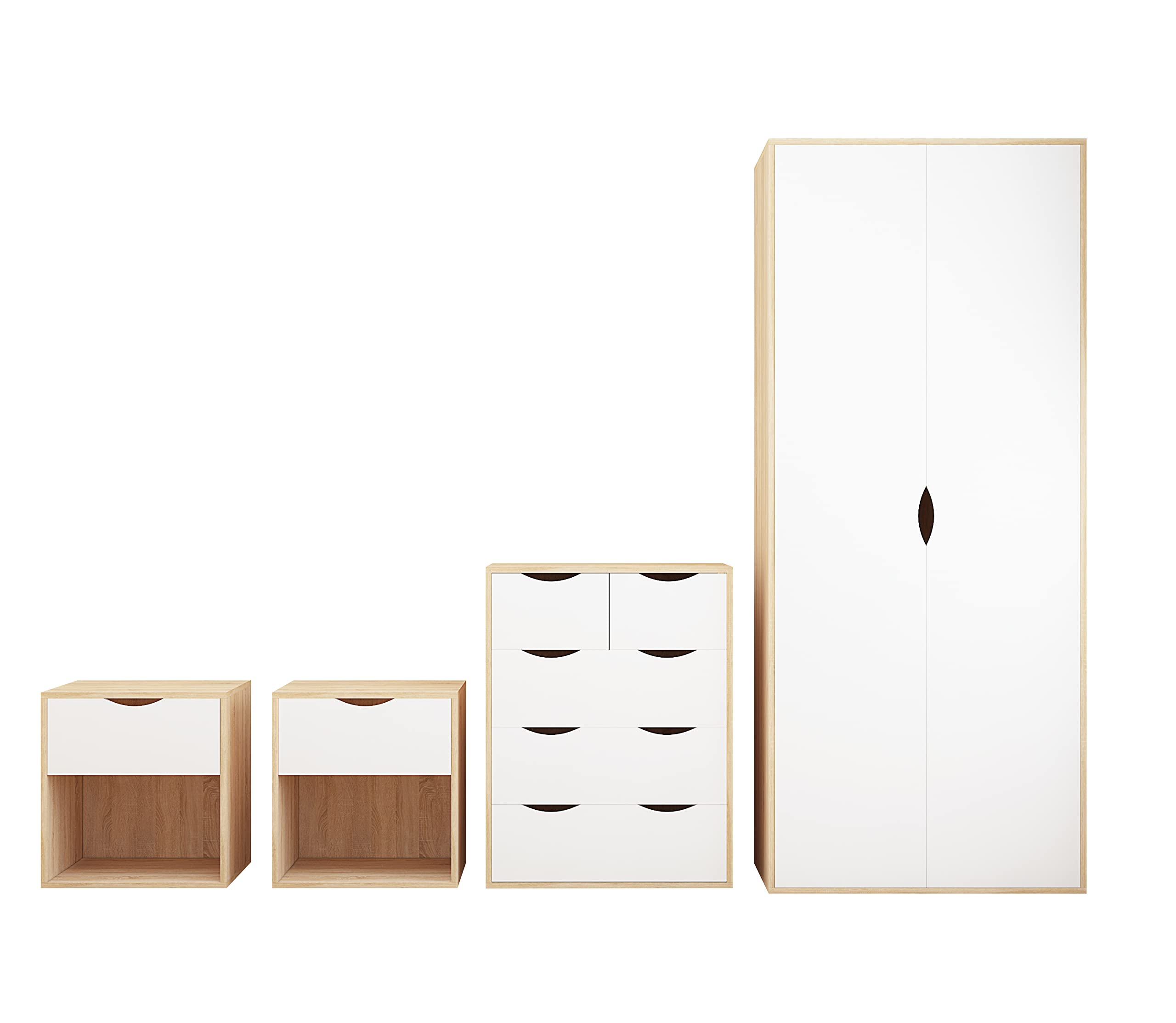 AFN Delvito 4 Piece Bedroom Furniture Set - Includes Wardrobe, 5 Drawer Chest, Bedside Cabinet (White on Oak)