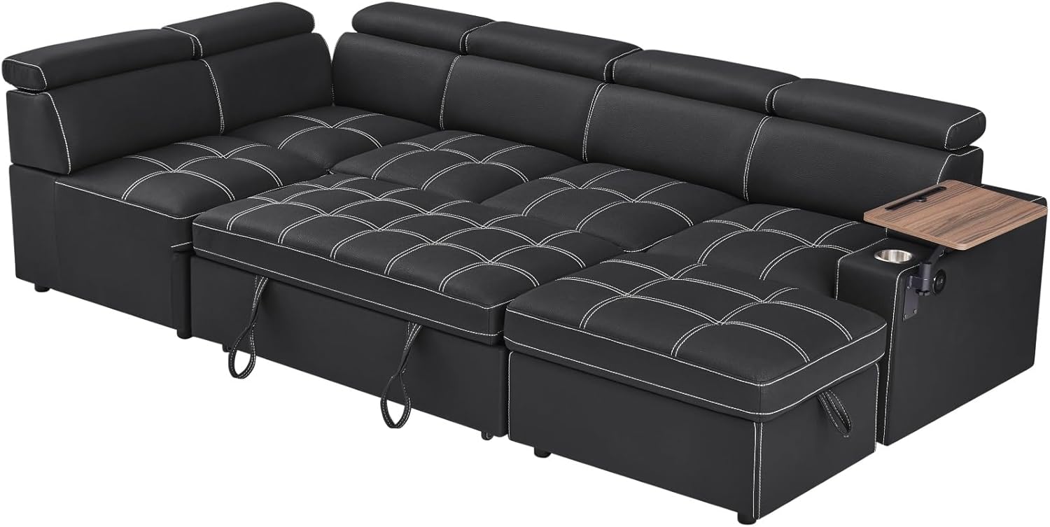 113 inch Ultra-fine Fiber Segmented Sleeper Sofa with Pull-Out Bed, Recliner and Storage Ottoman Style Sofa. with Adjustable headrests and Degree Rotating Side Table (Carbon Black)