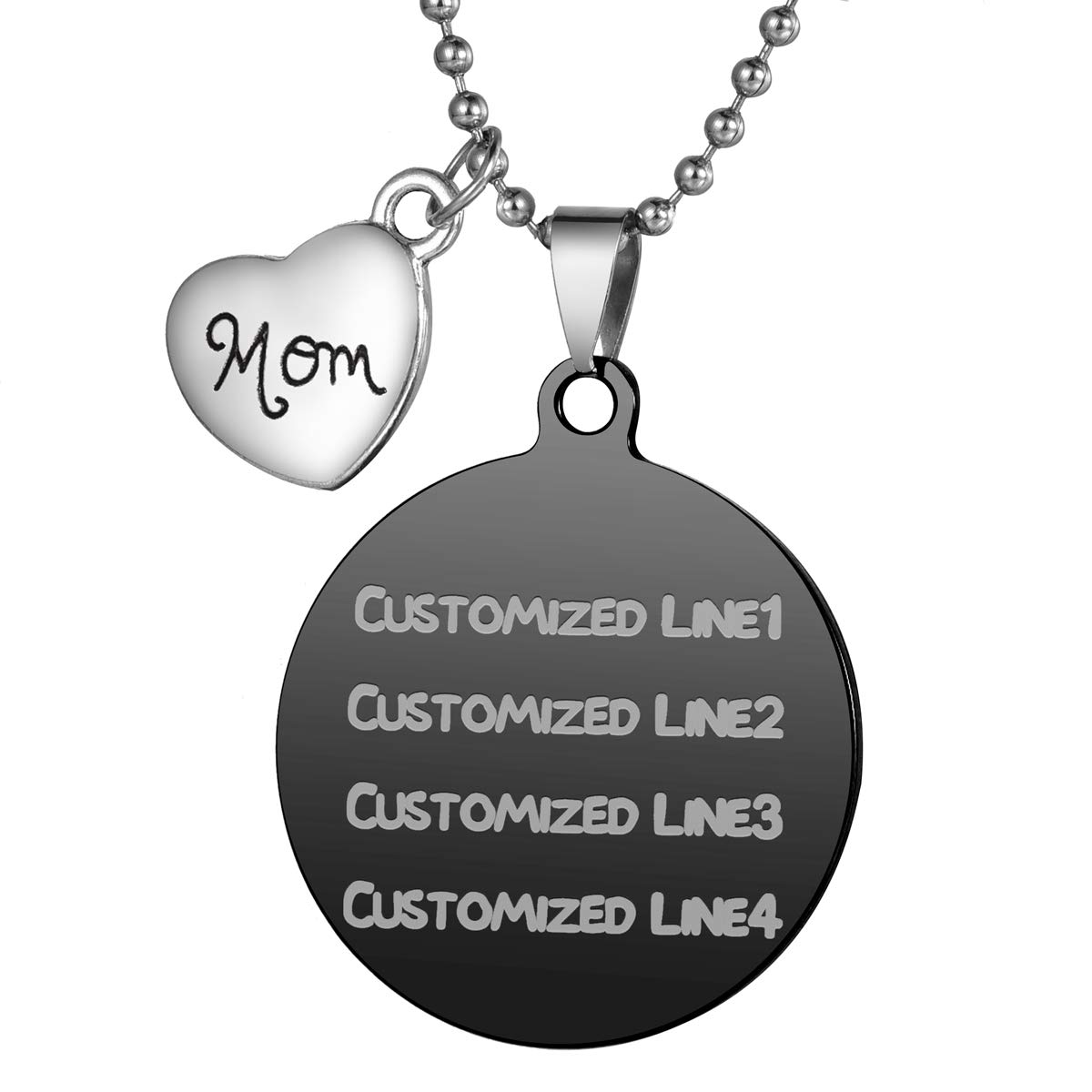 COCO Park Custom Pet ID Tag Free Engraving Dog Tag Stainless Steel Round Pendant Necklace with Mom Charm - Black