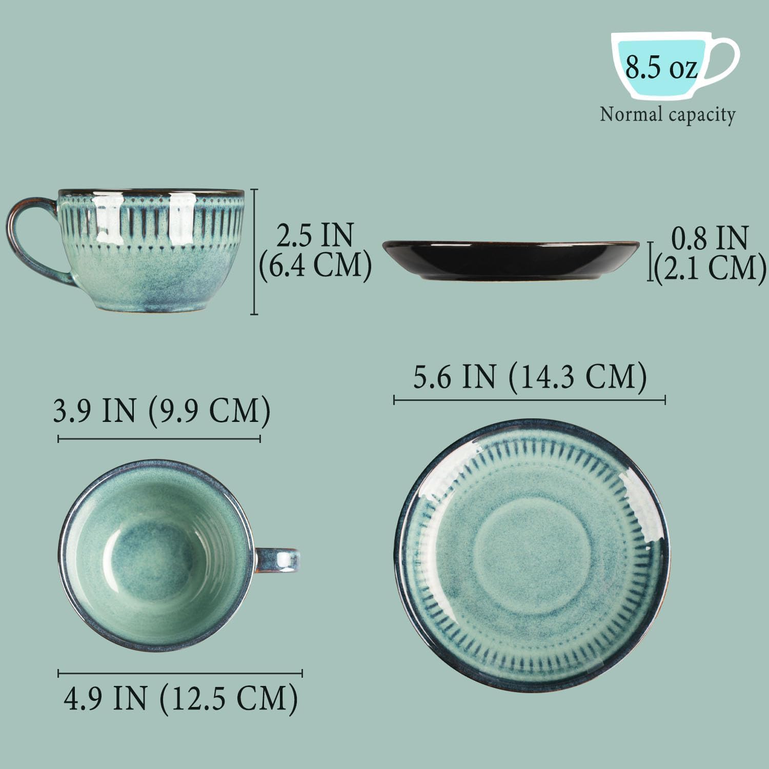Cappuccino cup with tray, 8.5 oz. Set of 4 Ceramic Coffee Cups and Saucer Set for Latte, latte art cup, suitable for latte/cappuccino/milk/tea