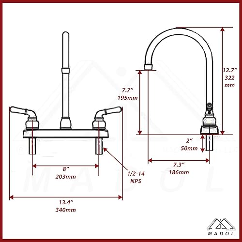 Miniatura 2 de Grifo de cocina de dos manijas de 8 pulgadas, cuerpo de plástico con acabado negro (POM), alto de acero inoxidable Hi Tise, compatible con ADA,