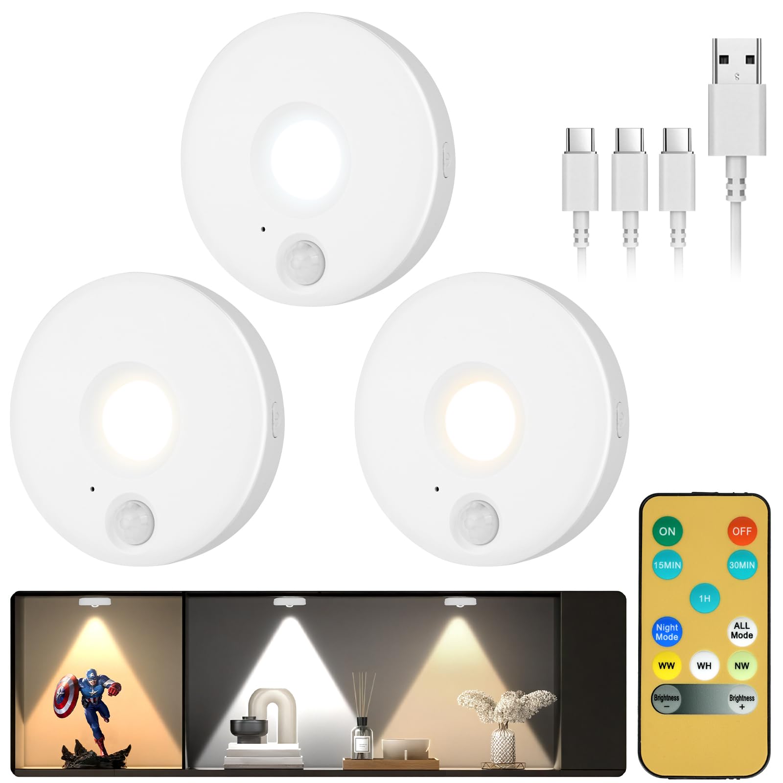HOTUT Rechargeable Wireless Puck Lights with Remote,3pcs Cabinet Lights LED Puck Light,3 Color Temperatures Push Light,Battery Operated for Kitchen,Bedrooms,Wall,Wardrobe,Handheld — image 1