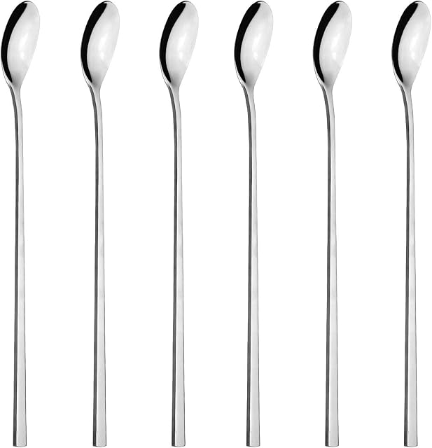 AOOSY Pack of 6 Latte Spoons Long Handle Stainless Steel Mixing Ice Cream Stirring Spoon Ideal for iced Coffee iced Tea Milk Shake ice Cream sundeas Cool Drinking