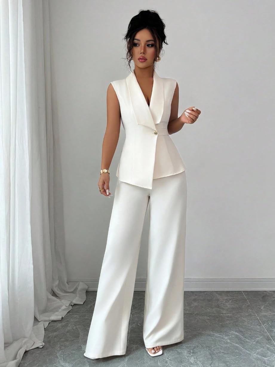 Completo Da Donna A Due Pezzi Elegante, Composto Da Gilet Senza Maniche con Scollo A V, Blazer Vita Alta E Pantaloni Gamba Larga, Set Coordinati Estivi Eleganti E Aderenti Per Lavoro, Uffic