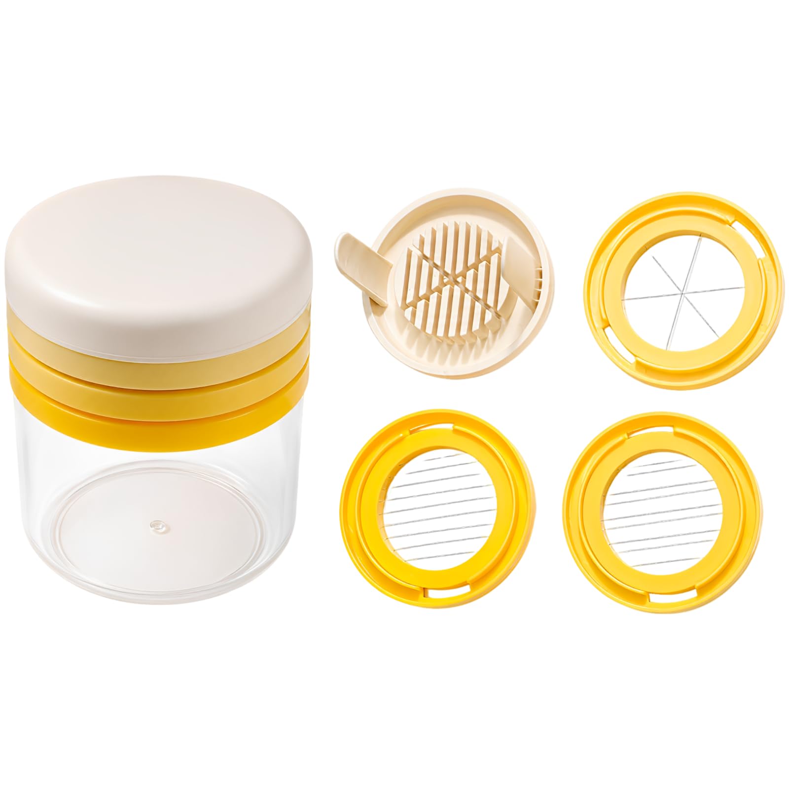 Eierschneider-Becher, 2 in 1 für hart gekochte Eier, mit Edelstahl-Drähten, Multischneider und Schäler für dünne, dicke und Keilscheiben, Küchenhilfe für Obstsalat und Meal Prep
