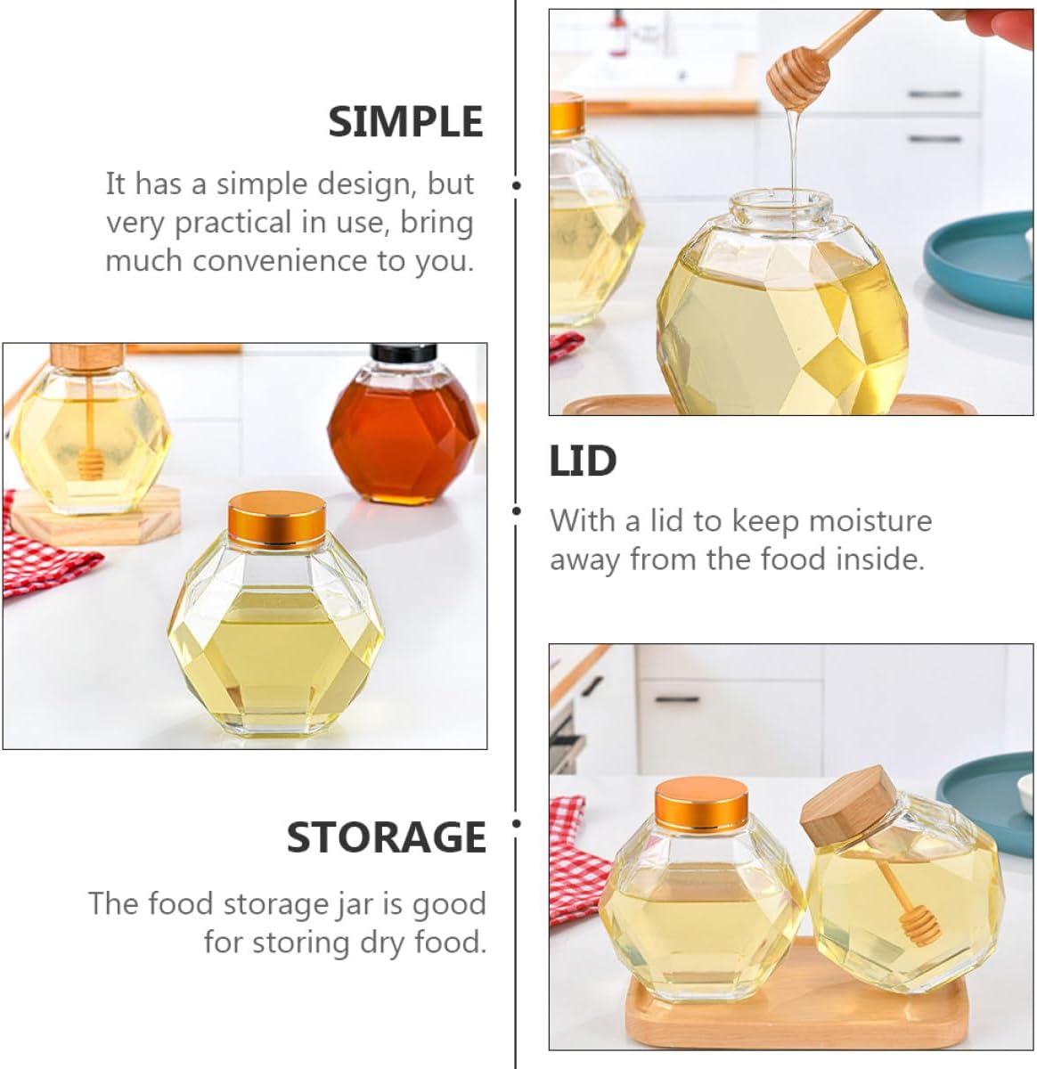 Glass Honey Jars with Lids and Stirrer Rods, 380ml Sealed Glass Canisters for Food Storage, 2pcs Honey Pots with Wooden Covers for Kitchen and Pantry Use