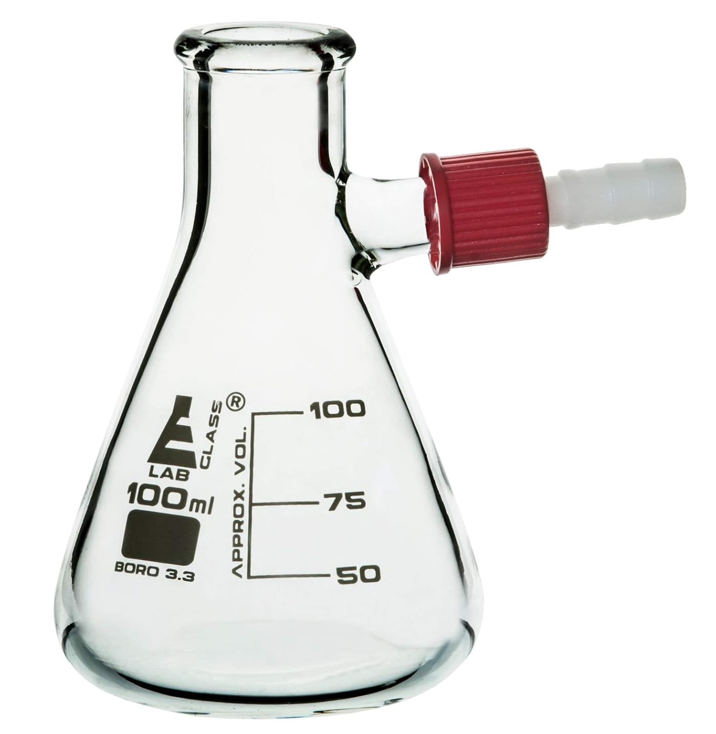 EISCO Filtering Flask, 100ml - Integral, Plastic Side Arm - Borosilicate Glass - Heavy Wall, Conical Shape
