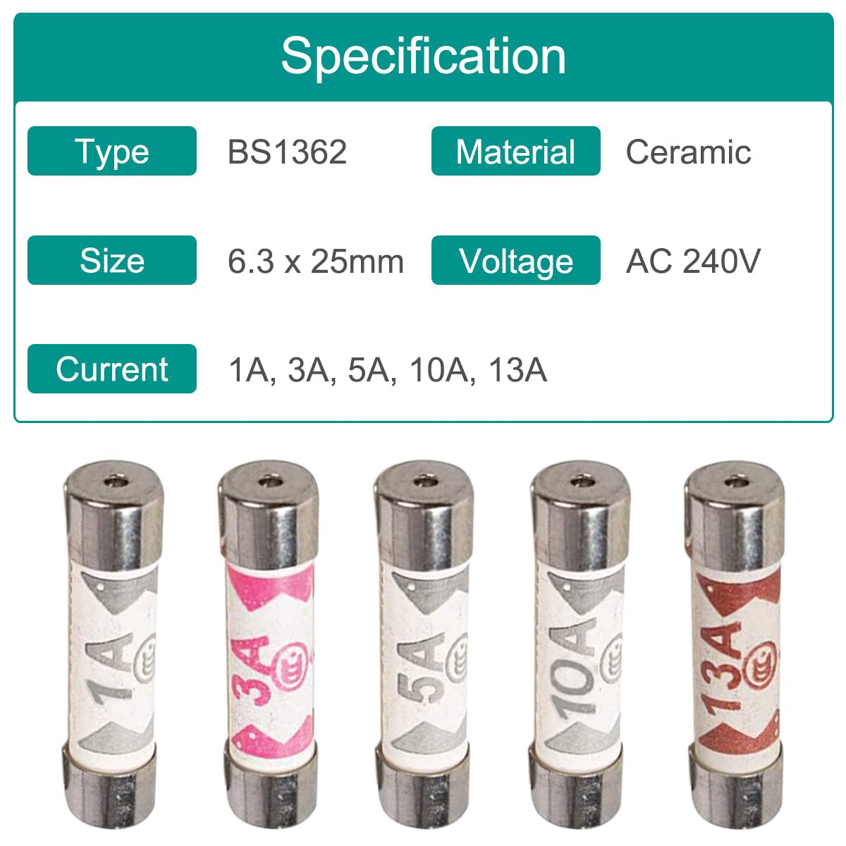 100 sztuk BS1362 bezpiecznik 3A 5A 10A 13A 1A amp 240V ceramiczne łączniki rurowe mieszane wtyczki domowe wtyczka UK Assortment Kit 6,3 x 25 mm 0,248 x 0,984 cala, 4 gniazda